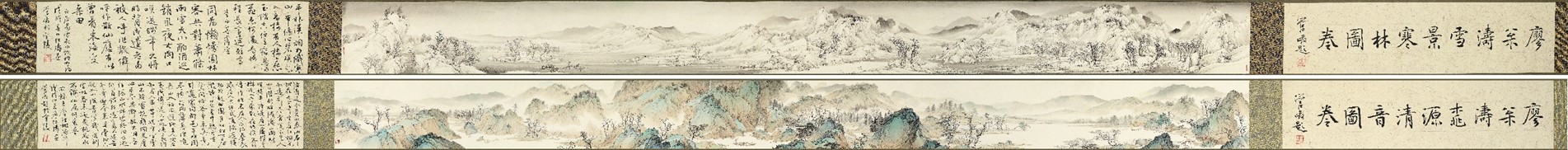 <h2>手卷山水</h2><p>作者：廖松涛</p><p>创作年代：2018年</p><p>规格：11cm×227cm×2</p><p>品类：成品手卷</p>